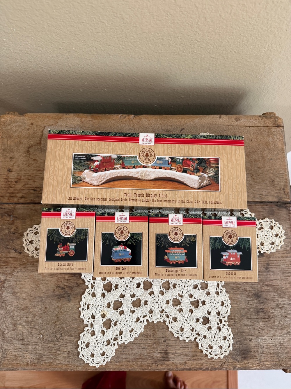 Hallmark Train Set Ornaments with Red and Blue Accents